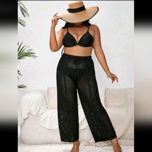 Black Hollow Knit Swimsuit Cover Up Pants - Picture 3 of 10